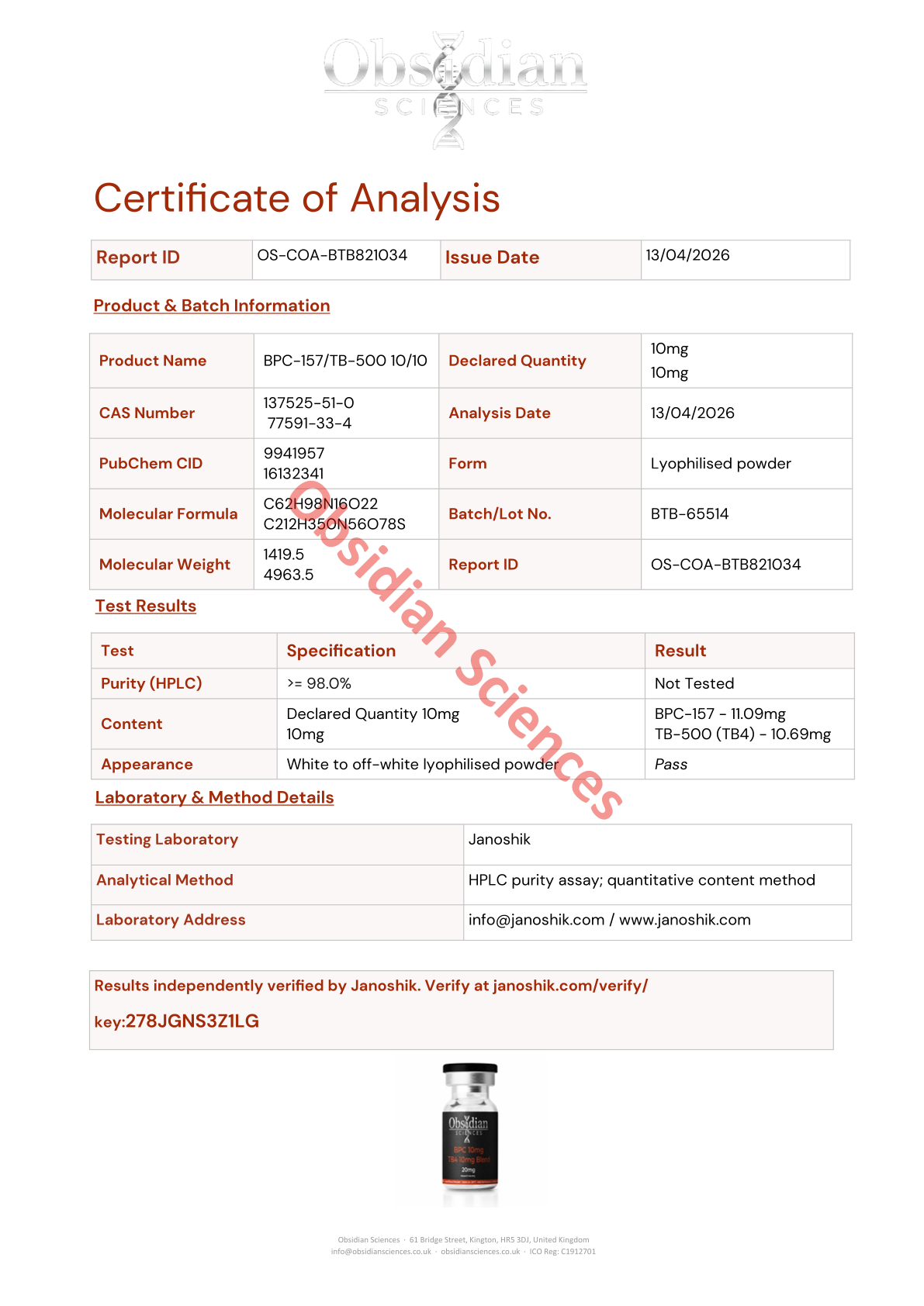 Certificate of Analysis for BPC-157 10mg / TB4 10mg Blend