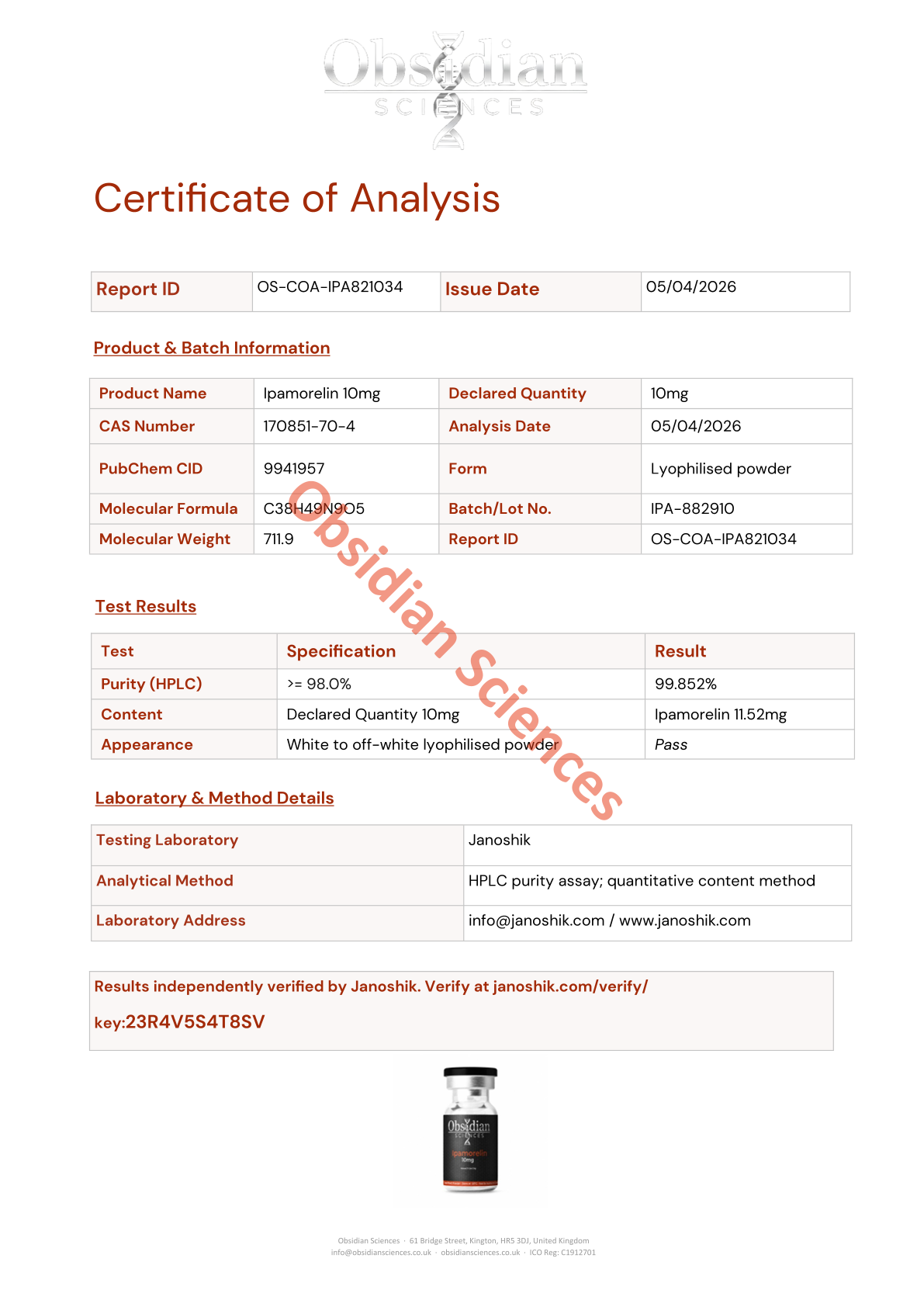 Certificate of Analysis for Ipamorelin 10mg