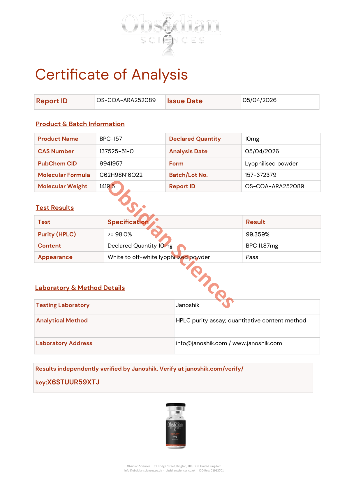 Certificate of Analysis for BPC-157 10mg