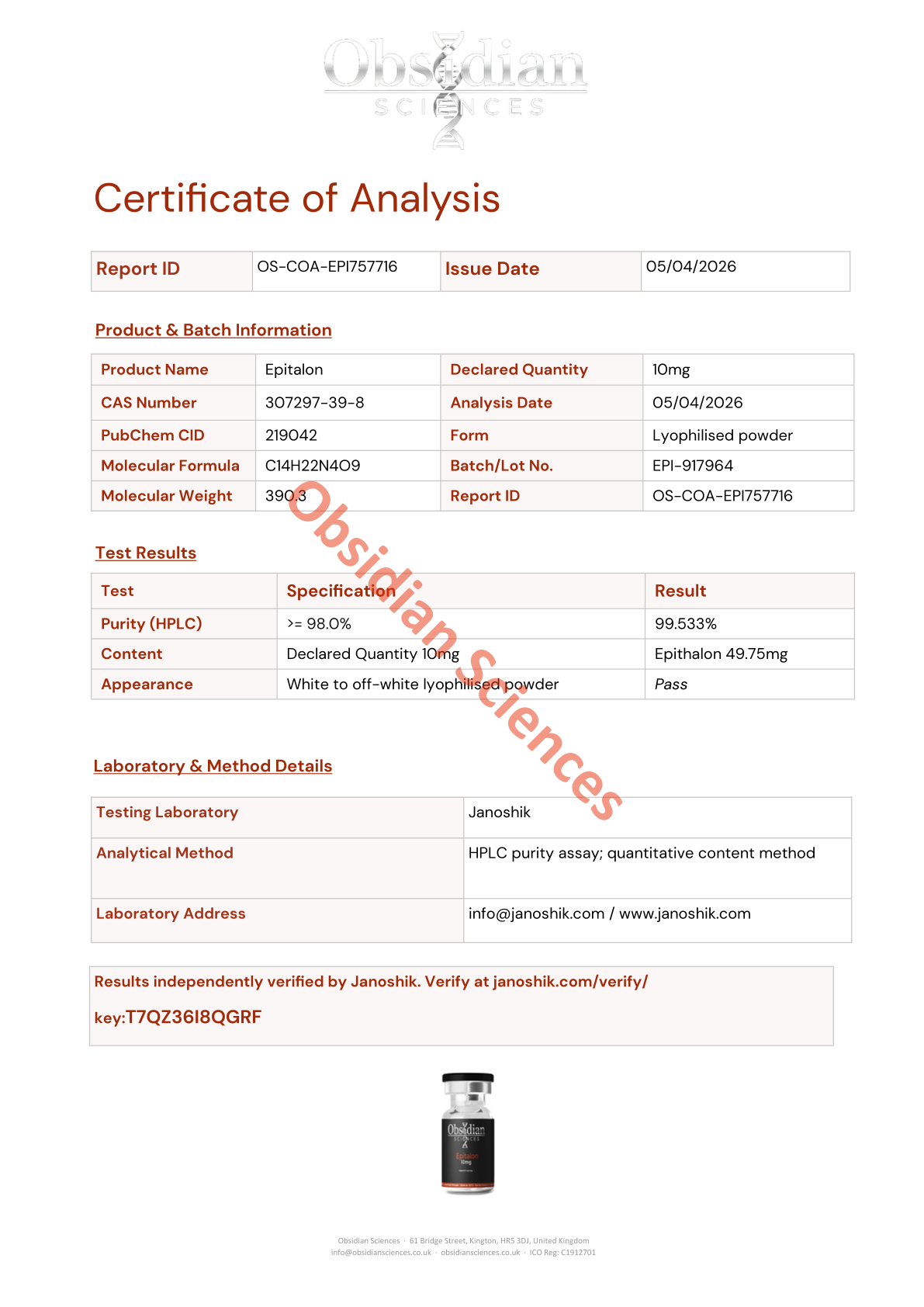 Certificate of Analysis for Epitalon 10mg