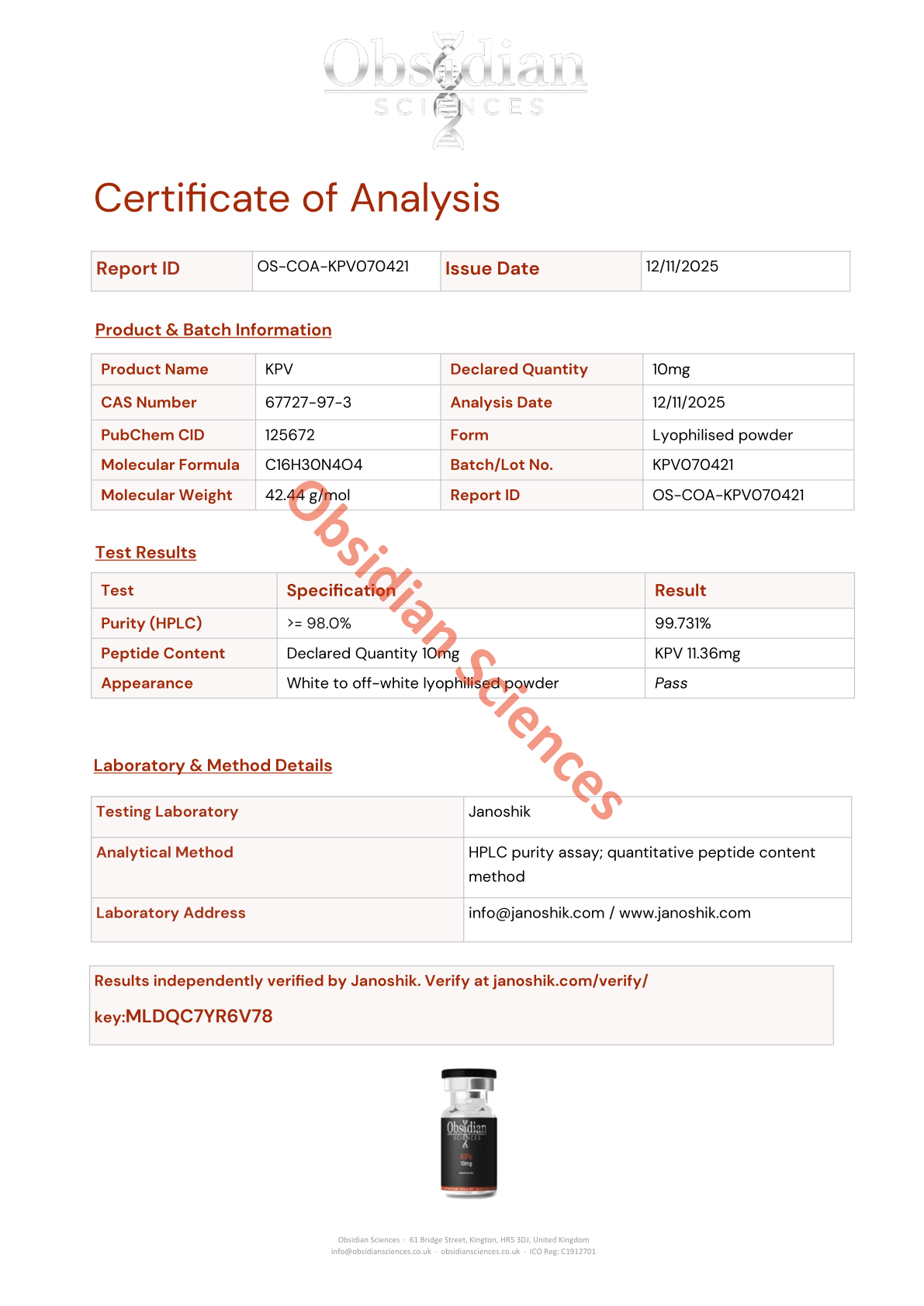 Certificate of Analysis for KPV 10mg