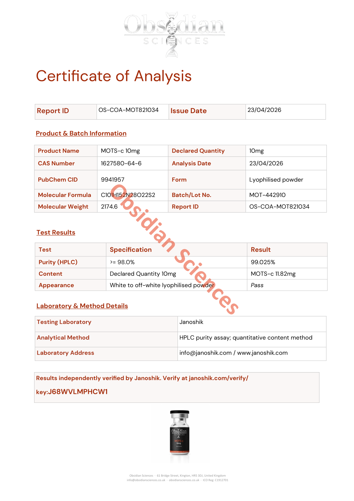 Certificate of Analysis for MOTS-c 10mg