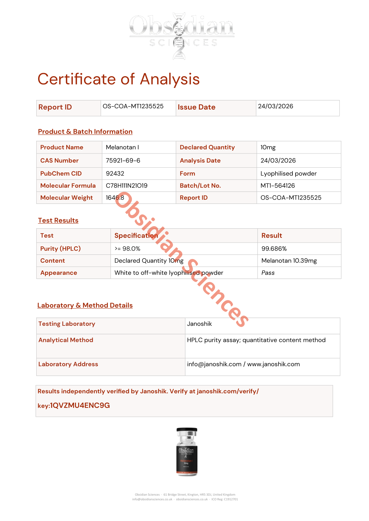 Certificate of Analysis for Melanotan I 10mg