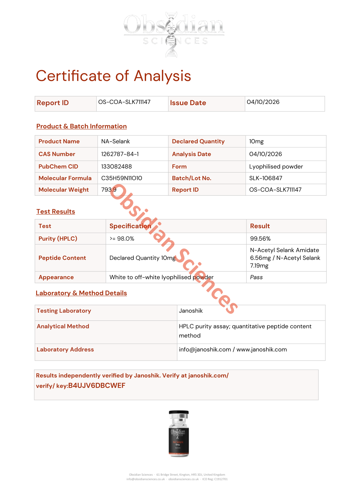 Certificate of Analysis for NA Selank 10mg