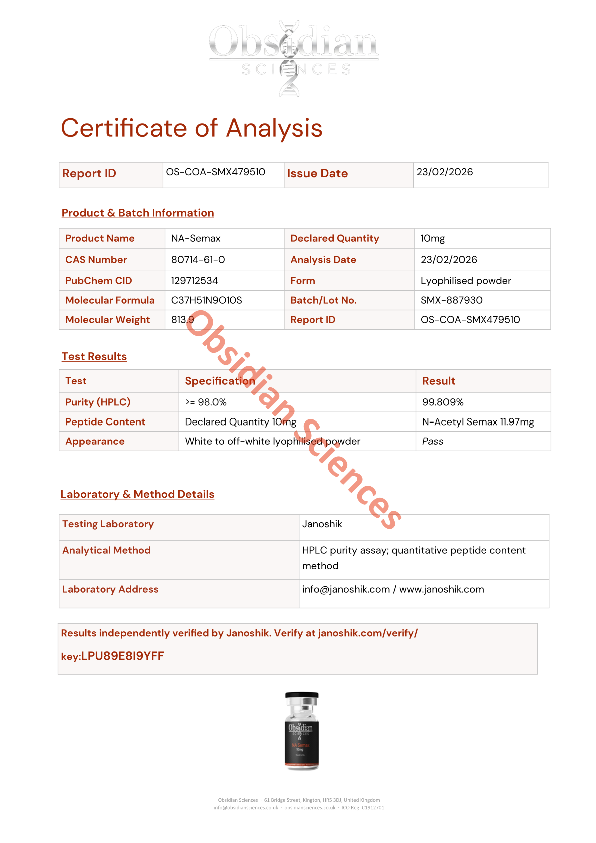 Certificate of Analysis for NA Semax 10mg