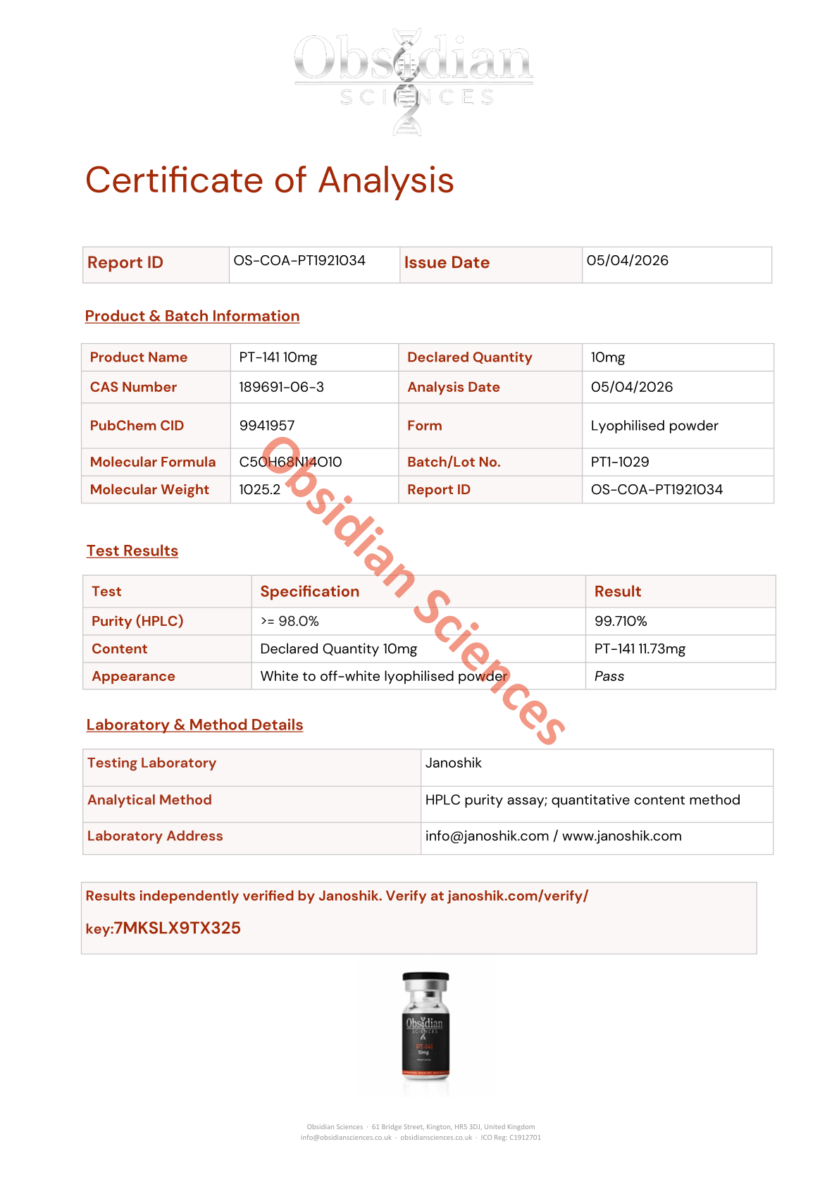 Certificate of Analysis for PT-141 10mg