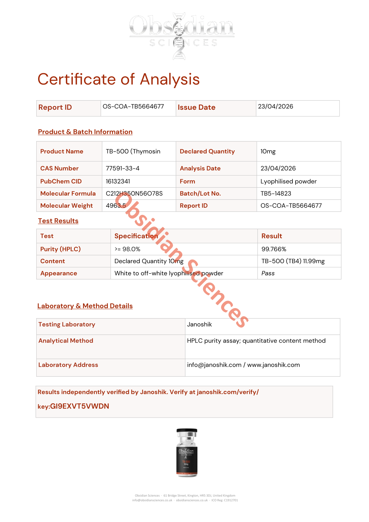 Certificate of Analysis for TB-500 10mg